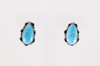 Native America Navajo Sterling Silver Kingman Turquoise Post Earring's By Freda Martinez.
