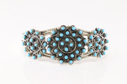 Native America Zuni Sterling Silver Turquoise Bracelet Cuff By Wyalo Johnson.