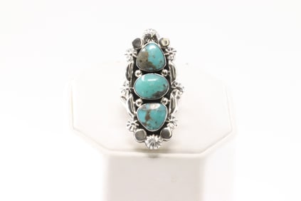 Native America Navajo Sterling Silver Turquoise Ring 3 Stone By Sadie Jim.