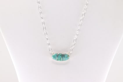 Native America Navajo Sterling Silver Turquoise Inlay Necklace By Charleston Willlie.