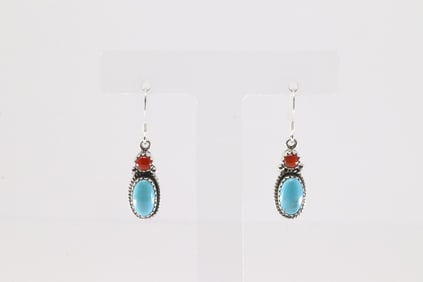 Native America Navajo Sterling Silver Coral & Turquoise Dangling Earring's By Gary Shorty.