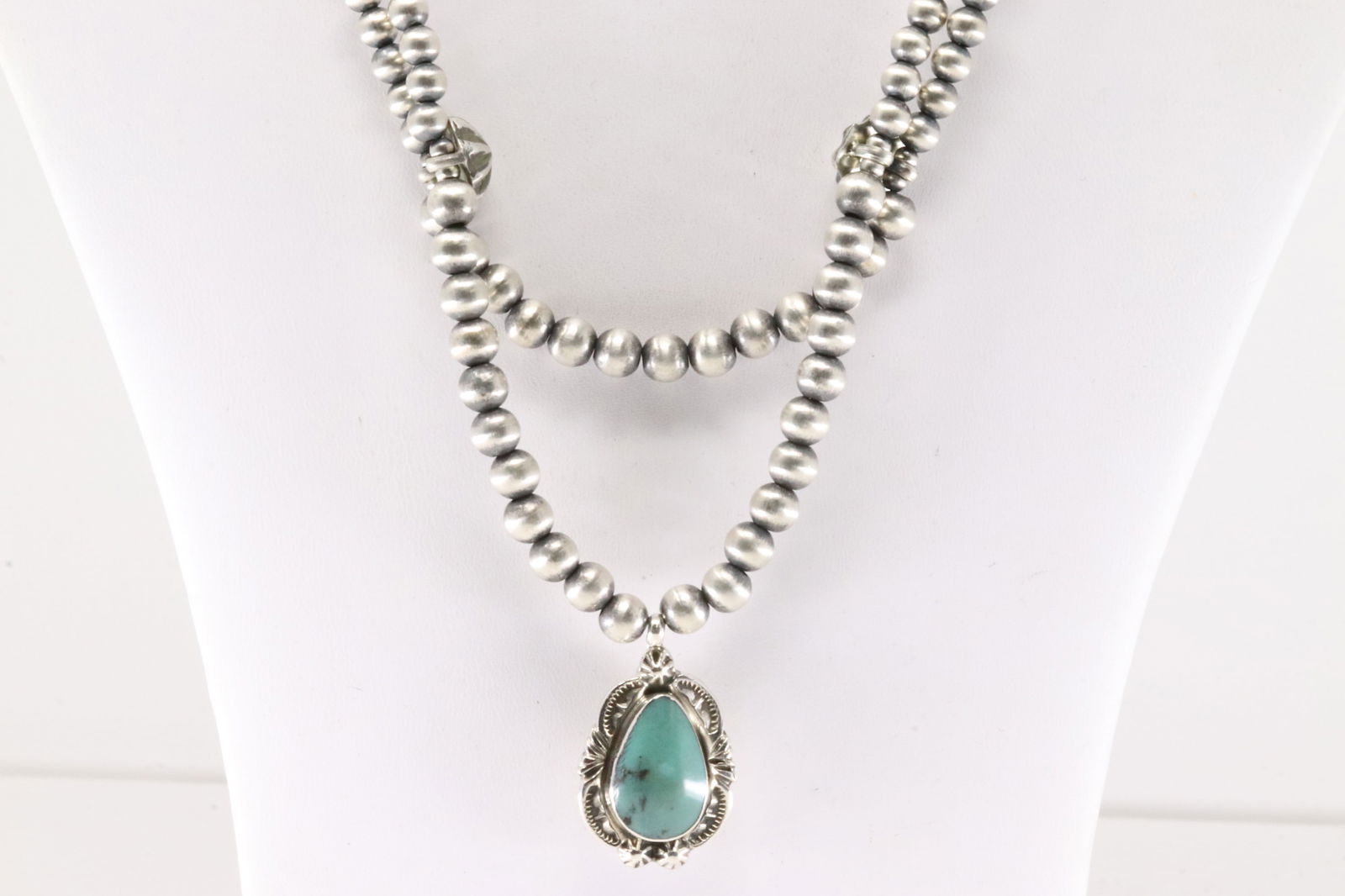 Native America Navajo Sterling Silver Double Strand Pearl Beaded / Turquoise Necklace By Lucinda (1 of 4)