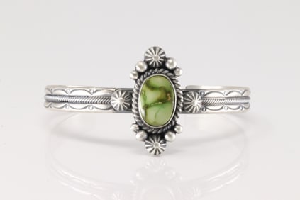 Native America Navajo Sterling Silver Sonora Gold Turquoise Bracelet Cuff By M.C.