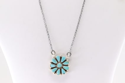 Native American Navajo Sterling Silver Kingman Turquoise Necklace By Alicia Wilson.