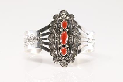 Native America Navajo Sterling Silver Coral Bracelet Cuff By Eula Wylie.