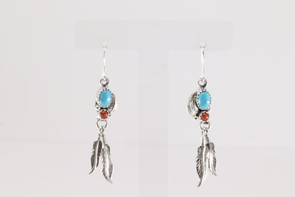 Native America Navajo Sterling Silver Coral & Turquoise Dangling Earring's By Rita Largo.
