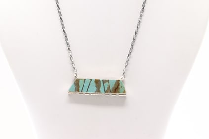 Native America Navajo Sterling Silver Number 8 Turquoise Inlay Necklace By Brandon Etcitty.
