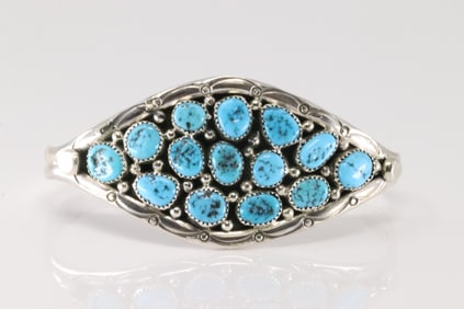 Native America Navajo Sterling Silver Kingman Turquoise Bracelet Cuff By Anita Whitegoat.