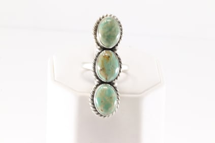Native American Navajo Sterling Silver Turquoise Ring 3 Stone By Eugene Belone.