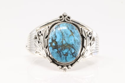 Native America Navajo Sterling Silver Kingman Turquoise Bracelet Cuff By Loretta Delgarito.