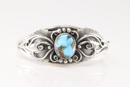 Native America Navajo Sterling Silver Kingman Turquoise Bracelet Cuff By Jimmy Lee.
