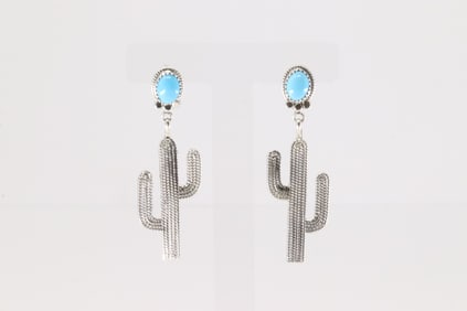 Native America Navajo Sterling Silver Turquoise Post / Dangling Cactus Earring's By Annie Spencer.