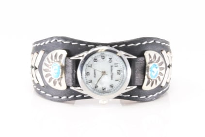 Native America Navajo Sterling Silver Turquoise Watch Leather Bracelet Cuff By Armstrong M.