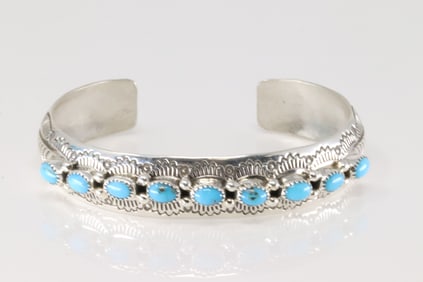 Native America Navajo Sterling Silver Turquoise Bracelet Cuff By G.S.