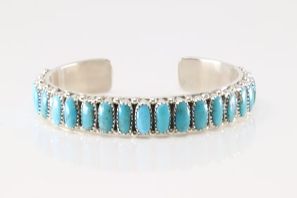 Native America Navajo Sterling Silver Turquoise Bracelet Cuff By Jasper Wilson.