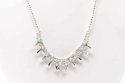 Native America Navajo Sterling Silver Turquoise Baby Squash Necklace By N.V.R.