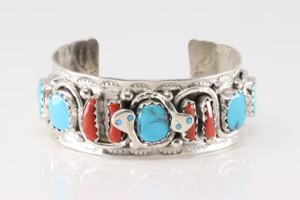 Native America Zuni Sterling Silver Coral & Turquoise Bracelet Cuff By Effie C.