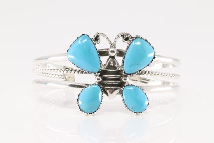 Native America Navajo Sterling Silver Turquoise Butterfly Bracelet Cuff By Gregg Yazzie.