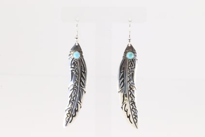 Native America Navajo Sterling Silver Turquoise Feather Dangling Earring's By T&R Singer.