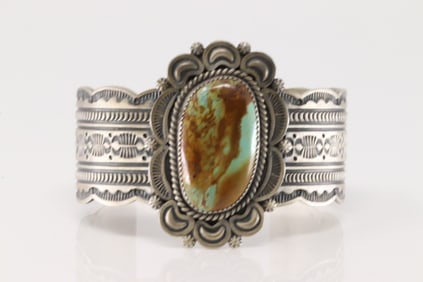 Native America Navajo Sterling Silver Kingman Turquoise Bracelet Cuff By Harold Joe.