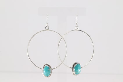Native America Navajo Sterling Silver Kingman Turquoise Hoop Dangling Earring's By Elouise Kee.