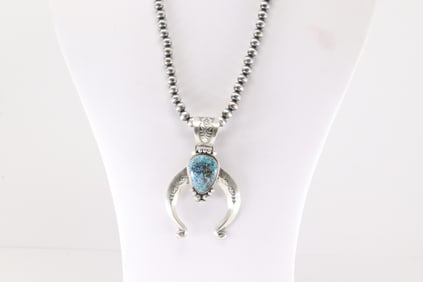 Native America Navajo Sterling Silver Kingman Turquoise Naja Necklace By Samuel Yellowhair.