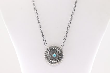 Native America Navajo Sterling Silver Turquoise Necklace By Sheldon Mariano.
