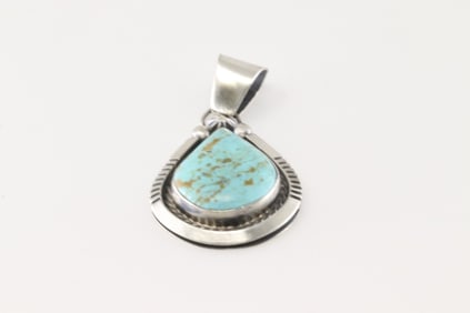 Native America Navajo Sterling Silver Kingman Turquoise Pendant By Donovan Skeets.