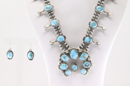 Native America Navajo Sterling Silver Kingman Turquoise Squash Blossom Necklace & Earring's Set By