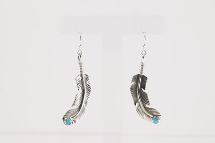 Native American Navajo Sterling Silver Turquoise Feather Dangling Earring's By Louise Joe.