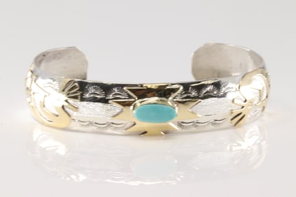 Native America Navajo Sterling Silver Turquoise Bracelet Cuff By G.J.