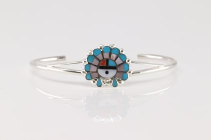 Native America Zuni Sterling Silver Multi-Colopr Stone Inlay Bracelet Cuff By E.R.