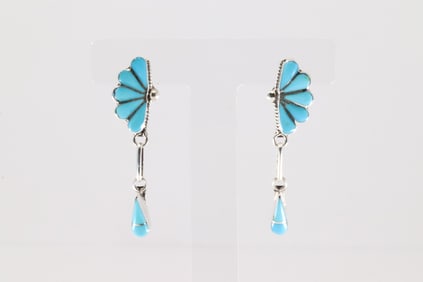 Native American Zuni Sterling Silver Kingman Turquoise Inlay Post / Dangling Earring's By Velda
