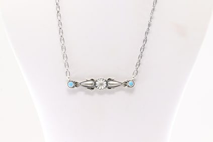 Native America Navajo Sterling Silver Turquoise Necklace By Marita Benally.