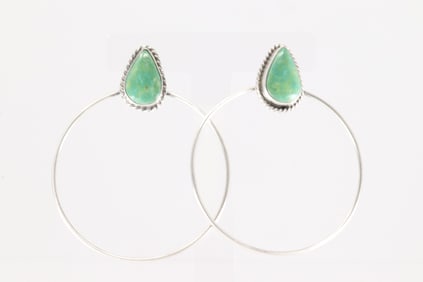 Native America Navajo Sterling Silver Kingman Turquoise Hoop Post Earring's By Elouise Kee.