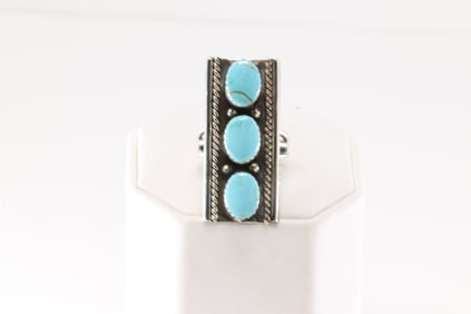 Native America Navajo Sterling Silver Turquoise Ring 3 Stone By Arlene Lewis.