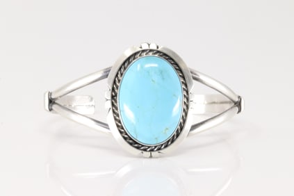 Native America Navajo Sterling Silver Kingman Turquoise Bracelet Cuff By Augustine Largo.