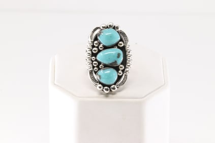 Native America Navajo Sterling Silver Turquoise Ring 3 Stone By Ryntanna Yazzie.