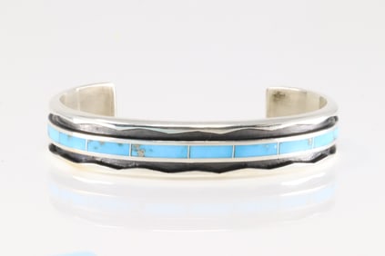Native America Navajo Sterling Silver Turquoise Inlya Bracelet Cuff By Loretto .