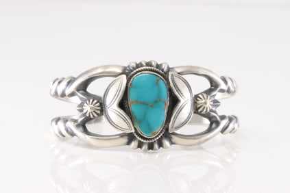 Native America Navajo Sterling Silver Kingman Turquoise Bracelet Cuff By M.