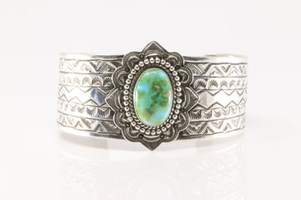 Native America Navajo Sterling Silver Sonora Turquoise Bracelet Cuff By Eulam Wylie.