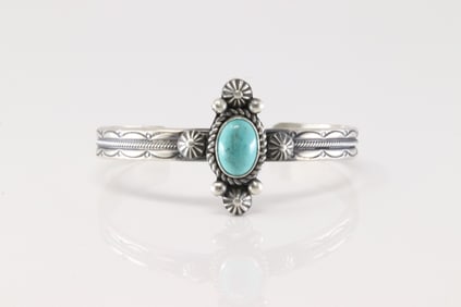 Native America Navajo Sterling Silver Kingman Turquoise Bracelet Cuff By M.C.