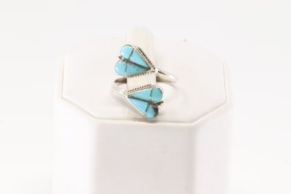 Native America Zuni Sterling Silver Turquoise Heart Inlay Ring By R.V.N.