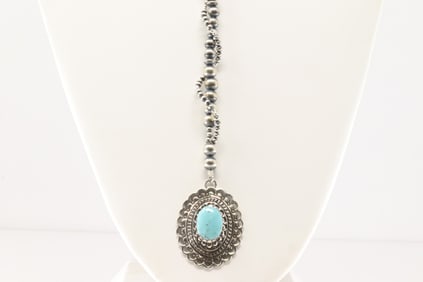 Native America Navajo Sterling Silver Pearl Beaded / Turquoise Necklace By Lucinda Sardo.
