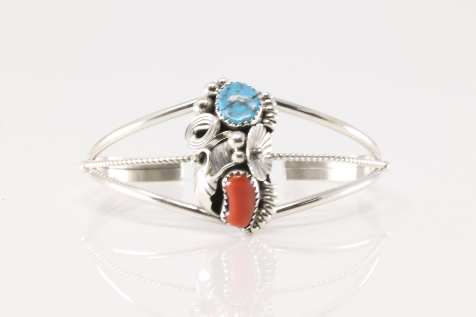 Native America Navajo Sterling Silver Coral & Turquoise Bracelet Cuff By Max Calladitto.: This is a Native America Navajo Sterling Silver Coral & Turquoise Bracelet Cuff By Max Calladitto.