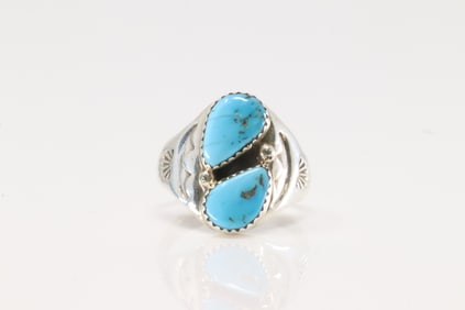 Native America Zuni Sterling Silver Turquoise Ring 2 Stone By M.L.