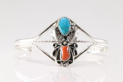 Native America Navajo Sterling Silver Coral & Turquoise Bracelet Cuff By Harry B.Yazzie.