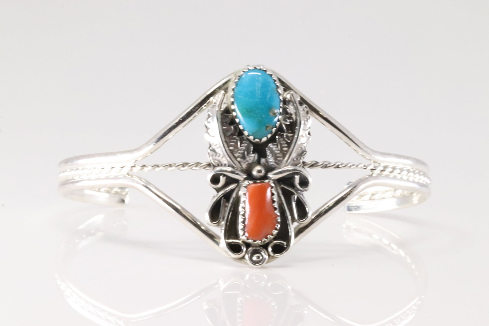 Native America Navajo Sterling Silver Coral & Turquoise Bracelet Cuff By Harry B.Yazzie.: This is a Native America Navajo Sterling Silver Coral & Turquoise Bracelet Cuff By Harry B.Yazzie.
