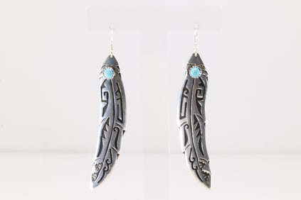Native America Navajo Sterling Silver Turquoise Feather Dangling Earring By T&R Singer.