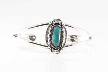 Native America Navajo Sterling Silver Turquoise Bracelet Cuff By Sadie Jim.
